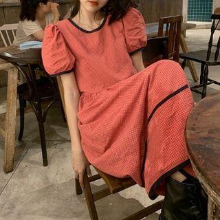 Puff-sleeve Contrast Trim Blouse Dress - One Size