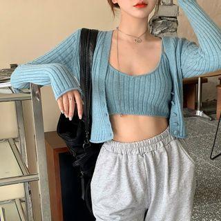 Cropped Knit Tank Top / Buttoned Cardigan