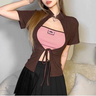 Set: Tube Top + Short-sleeve Tie-front Top