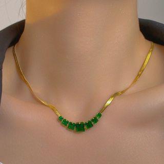 Rhinestone Pendant Stainless Steel Choker 1pc - Xl111 - Gold & Green - One Size
