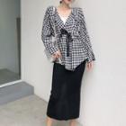 Knit Camisole Top / Check Wrapped Jacket / Slit-side Knit Skirt