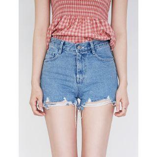 Distressed Fringed-hem Denim Shorts