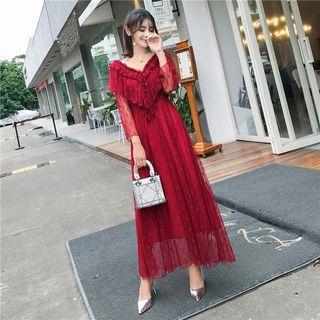 Long-sleeve Lace Panel Maxi Mesh Dress