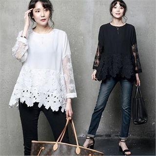Mesh-sleeve Lace-detail Top
