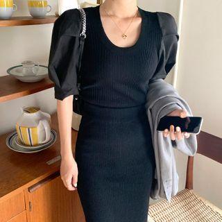 Paneled Puff-sleeve Rib-knit Top