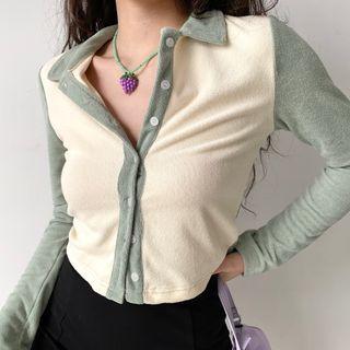 Long-sleeve Collared Two-tone Button-up Top