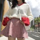 Two-tone Bell-sleeve V-neck Sweater / A-line Tweed Skirt