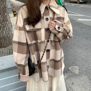 Loose-fit Check Jacket Coffee - One Size
