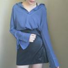 Long-sleeve V-neck Top Blue - One Size