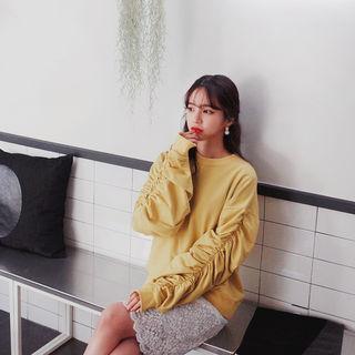 Crew-neck Shirred-sleeve Sweatshirt