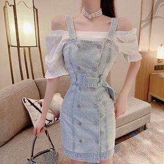 Double Breasted Mini Denim Pinafore Sheath Dress