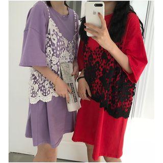 Set : Plain Elbow-sleeve T-shirt Dress + Lace Spaghetti Strap Top