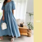 Shirred-waist Long Cotton Dress Sky Blue - One Size