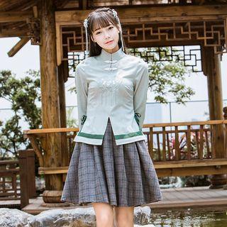 Long-sleeve Embroidery Slit-hem Top/plaid Skirt