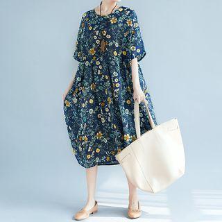 Elbow-sleeve Floral Print Midi Dress As Shown In Figure - One Size