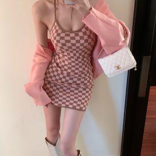 Check Mini Slipdress / Open Front Knit Cardigan