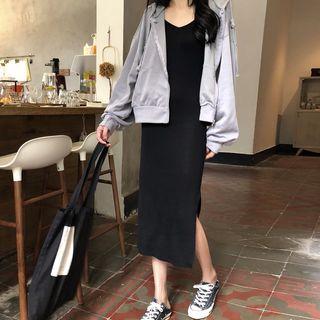 Hooded Zip Jacket / Midi Knitted Spaghetti Strap Dress