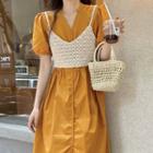 Set: Short-sleeve Button-up Midi Dress + Knit Camisole Top