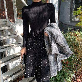 Drawstring-waist Frill-trim Dotted Knit Dress