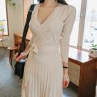 V-neck Tie-front Midi A-line Knit Dress Almond - One Size