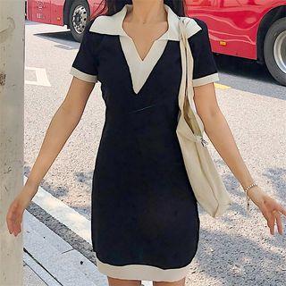 Short-sleeve Contrast Trim Dress Black - One Size