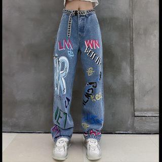 High Waist Print Distressed Jeans