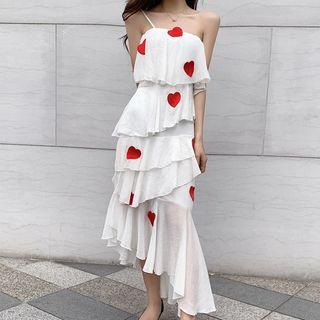 Single-shoulder Heart Applique Midi Layered Dress