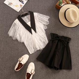 Set: Lace Short-sleeve Blouse + High-waist Shorts