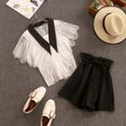 Set: Lace Short-sleeve Blouse + High-waist Shorts