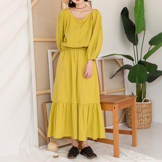 Balloon-sleeve Blouse / A-line Maxi Skirt