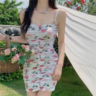 Sleeveless Floral Ruched Mini Sheath Dress