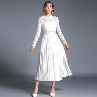 Long-sleeved Crewneck Pleated A-line Cutout Plain Panel Slim Lace Sheath Dress