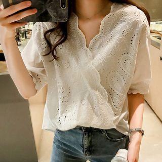 Elbow-sleeve V-neck Cutout Blouse