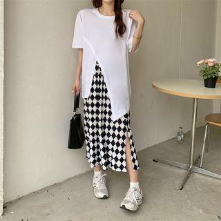 Short-sleeve Side-slit T-shirt / Argyle Midi Pencil Skirt