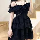 Cold-shoulder Ruffled Lace Trim A-line Dress Black - One Size