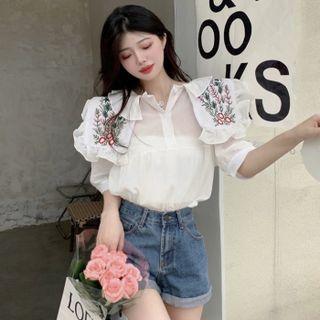 Puff-sleeve Flower Embroidered Sheer Blouse Shirt - White - One Size