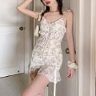 Spaghetti Strap Floral Print Lace Panel Mini Bodycon Dress