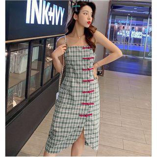 Spaghetti Strap Lace-up Plaid Midi Dress