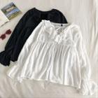 Plain V-neck Ruffled-trim Lace-up Long-sleeve Top