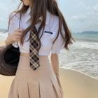 Puff-sleeve Ruffled Shirt / Tie / Pleated Mini A-line Skirt / Set