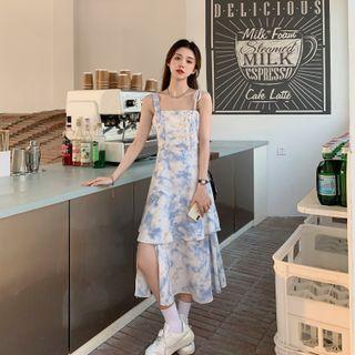 Puff-sleeve Square Neck Tie Dye Dress