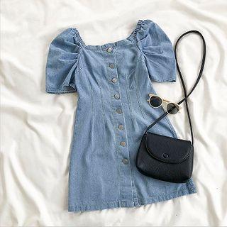 Plain Single-breasted Puff-sleeve Dress