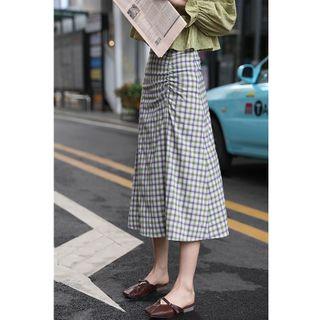 Plaid Ruched Midi A-line Skirt