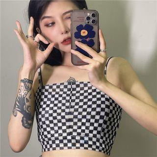 Plaid Cropped Camisole Top Plaid - Black - One Size