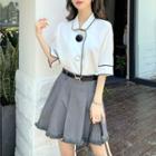 Elbow-sleeve Shirt / Belted Mini A-line Skirt