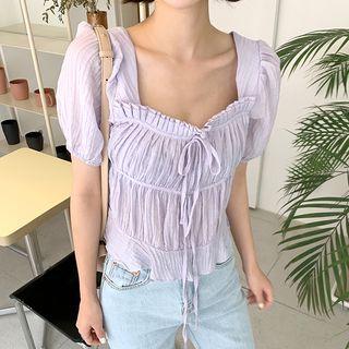 Square-neck Beribboned Shirred Blouse