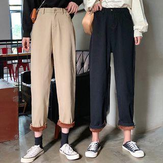 High-waist Fleece-lined Plain Pants