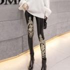 Embroidered Faux-leather Skinny Pants
