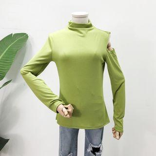 One-shoulder Mock-neck Long T-shirt Green - One Size