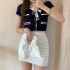 Sailor Collar Short-sleeve Cropped Knit Top / Ruched Mini Pencil Skort